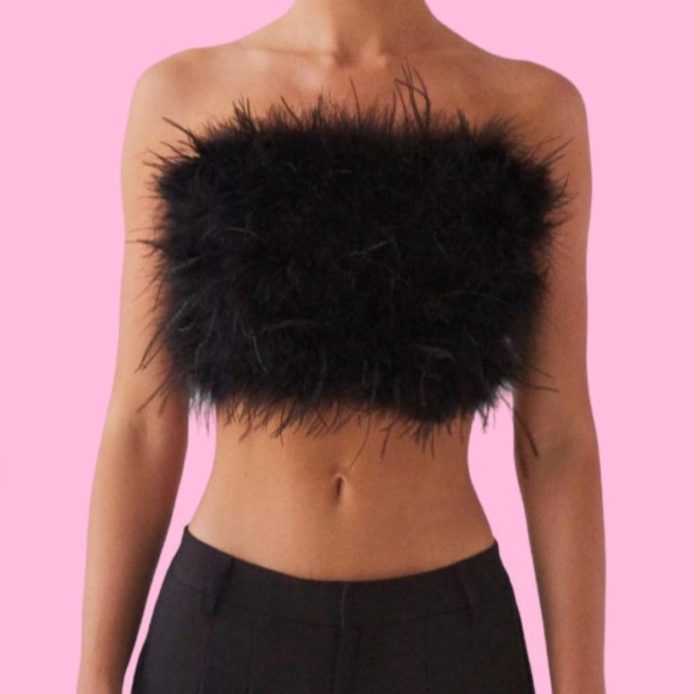 Peppermayo Elegant Black Feather Crop Top